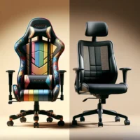 "Comparativa de sillas gaming y sillas ergonómicas: Silla gaming con diseño colorido y características ajustables junto a una silla ergonómica con soporte lumbar, ideal para largas sesiones de uso en el hogar o la oficina."