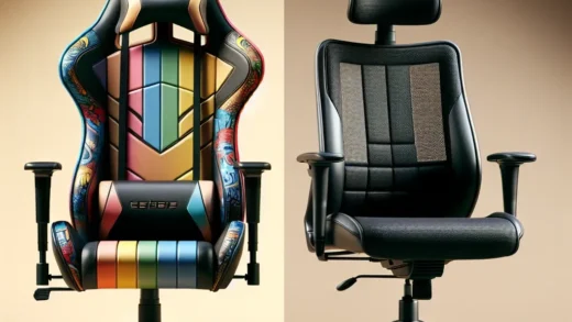 "Comparativa de sillas gaming y sillas ergonómicas: Silla gaming con diseño colorido y características ajustables junto a una silla ergonómica con soporte lumbar, ideal para largas sesiones de uso en el hogar o la oficina."