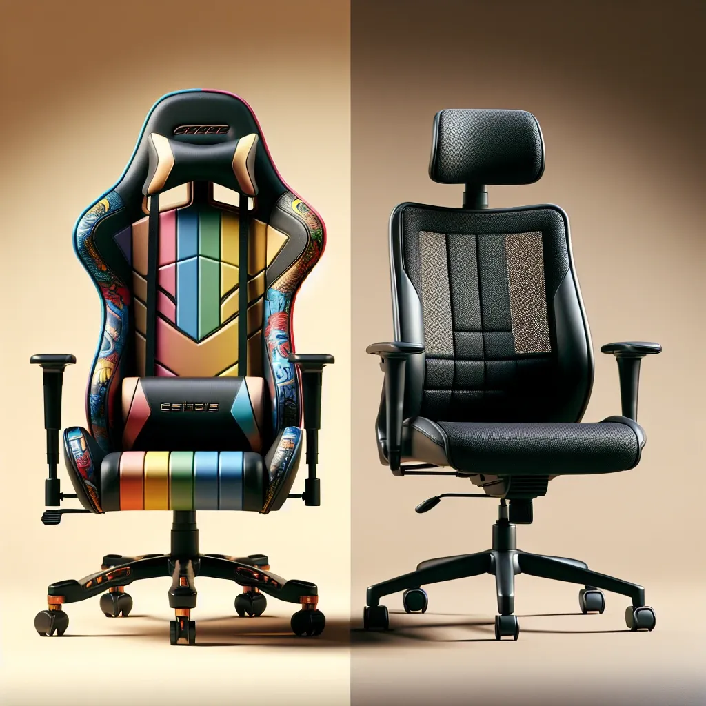 "Comparativa de sillas gaming y sillas ergonómicas: Silla gaming con diseño colorido y características ajustables junto a una silla ergonómica con soporte lumbar, ideal para largas sesiones de uso en el hogar o la oficina."