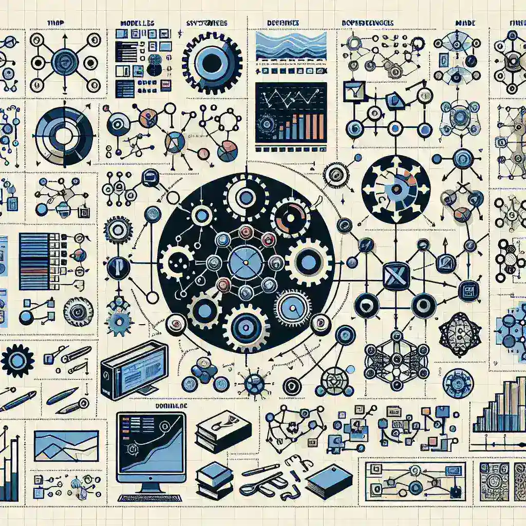 "Diagrama de herramientas para modelar dependencias en sistemas complejos, incluyendo gráficos y representaciones visuales, ilustrando conceptos clave de la guía completa 2024."
