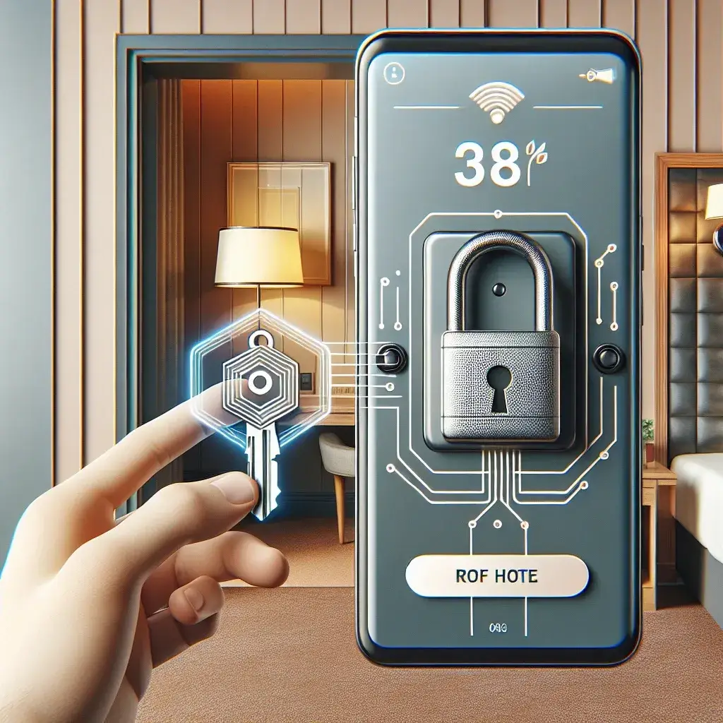 "Imagen de un smartphone mostrando una interfaz de llaves digitales en wallet móvil, ilustrando cómo los hoteles integran tecnología de acceso offline para mejorar la experiencia del cliente."