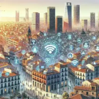 "Imagen de una ciudad española mostrando un gráfico interactivo de una plataforma de datos abiertos impulsada por inteligencia artificial, destacando la innovación en servicios para ciudadanos."