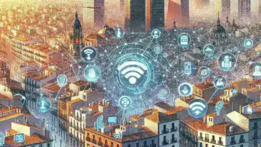 "Imagen de una ciudad española mostrando un gráfico interactivo de una plataforma de datos abiertos impulsada por inteligencia artificial, destacando la innovación en servicios para ciudadanos."