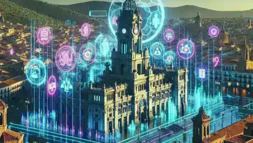 "Portal de participación ciudadana en metaverso de un ayuntamiento español, mostrando ciudadanos interactuando en un entorno virtual."